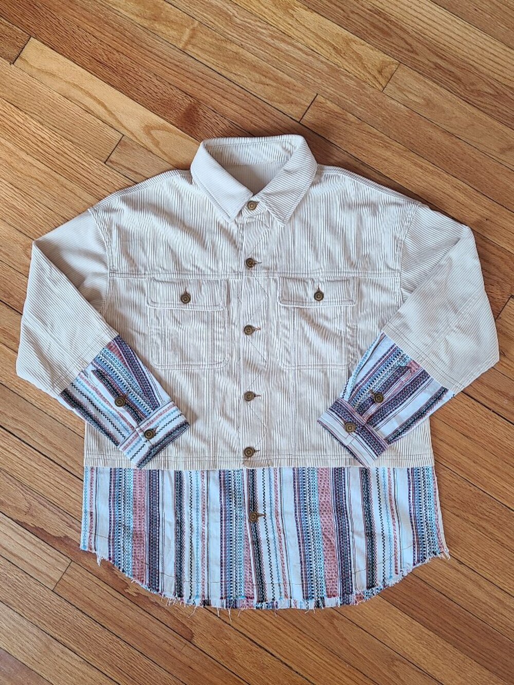Boho Woven Corduroy Utility Jacket Shacket Multicolor Artisan Folk M